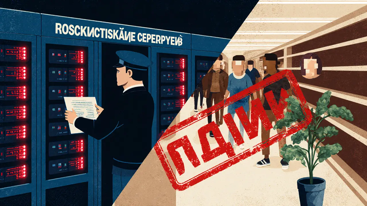Сервер с российскими данными и размытые лица покупателей в магазине, скрытая камера запрещена.
