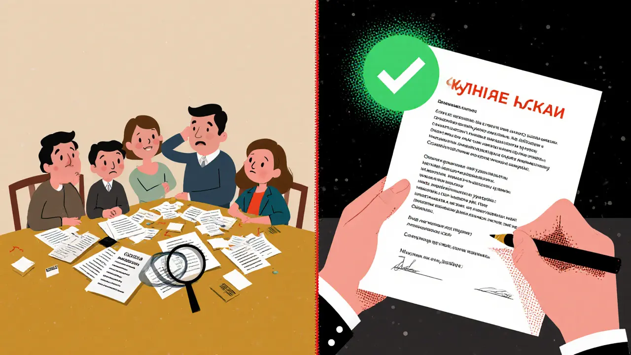 Сравнение: хаотичная семья с расплывчатым завещанием и спокойный человек с точным документом.