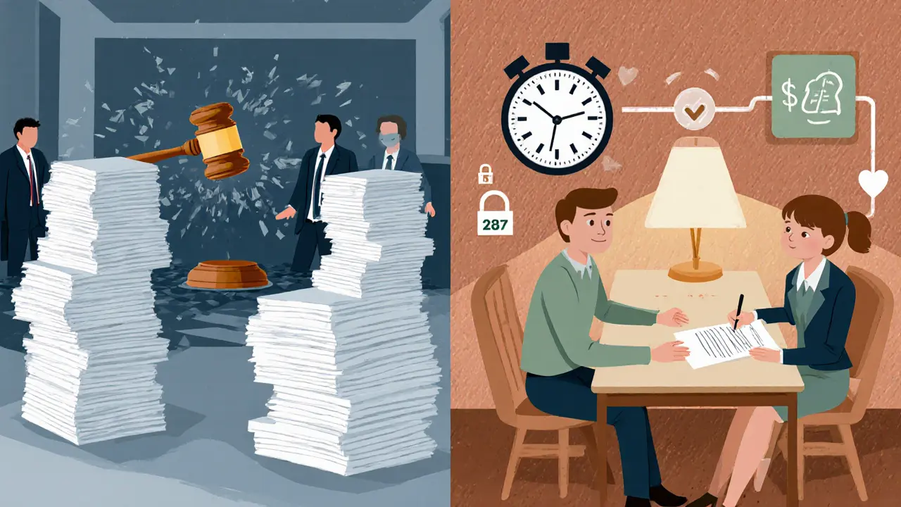 Сравнение: хаотичный суд слева и спокойная медиация справа с символами экономии и конфиденциальности.