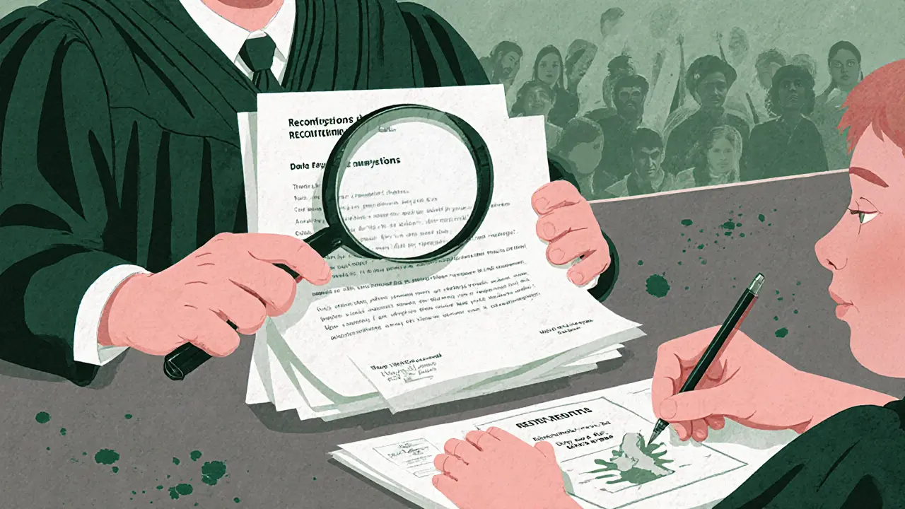 Судья рассматривает медицинские и педагогические документы, ребенок рисует будущее в тихом уголке зала.