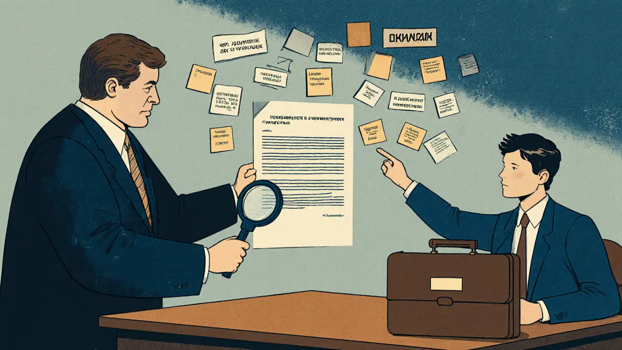 Судья рассматривает уведомление об увольнении, на стене — хаотичные заметки с субъективными комментариями.