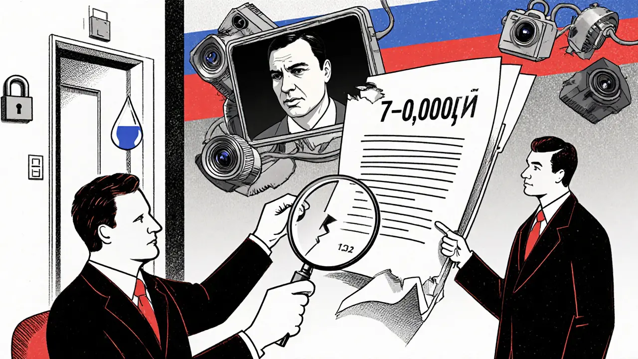 Судья рассматривает видеозапись с размытым лицом, штраф 7 млн ₽, символы закона и конфиденциальности.