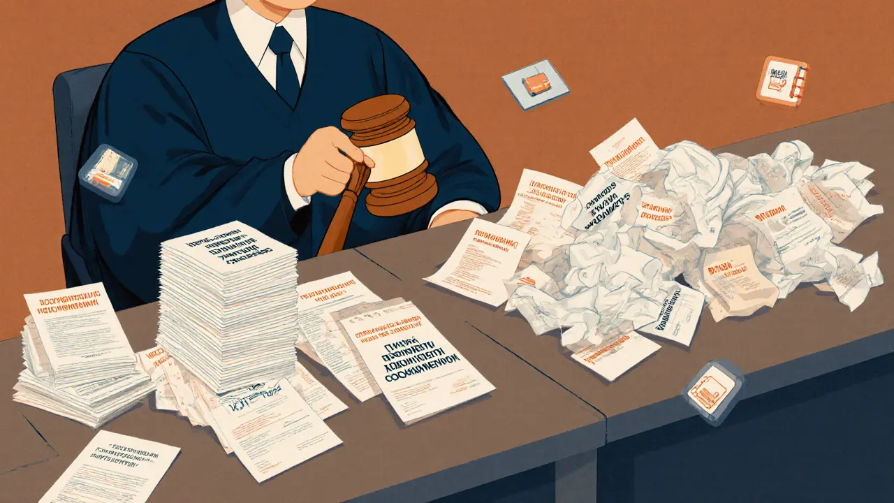 Судья взвешивает правильно оформленные документы против неправильных, в зале суда.