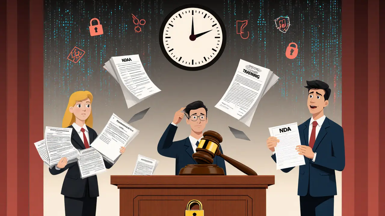 Судебный зал с судьей и защитой коммерческой тайны против пустого соглашения о неразглашении