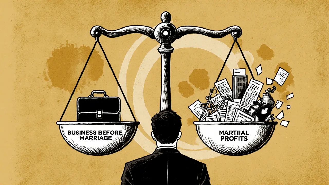 Весы с бизнесом до брака и прибылью за время брака, иллюстрирующие правовое равенство.