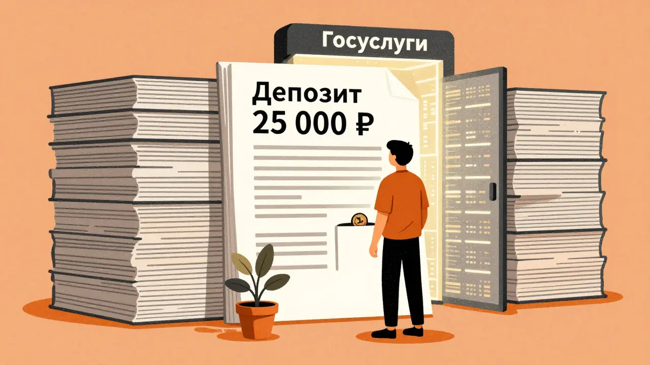 Человек перед стеной из бумаг, с монетой, падающей из кармана, на фоне цифрового портала Госуслуги