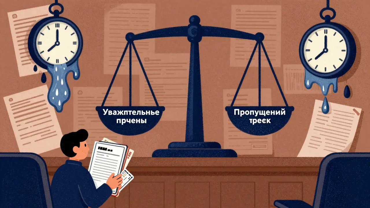 Человек в суде представляет доказательства уважительной причины пропуска срока, на фоне падающих бумаг и часов.