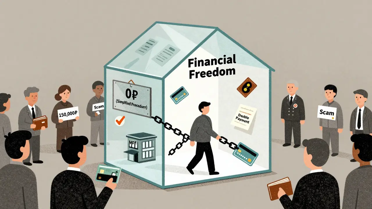 Человек выходит из дома свободы, оставляя цепи долгов, вокруг — люди с большими счетами.