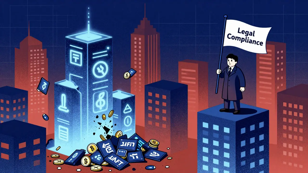 Цифровой город с рушащимся блокчейн-башней, а юрист ставит флаг законности на устойчивом здании.