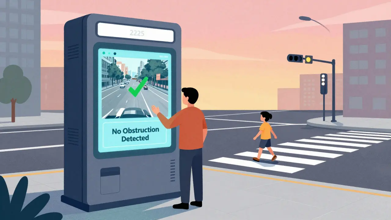 Цифровой киоск 2025 года показывает 'Нарушения нет' — рядом новые пешеходные зоны с подсветкой и безопасными переходами.