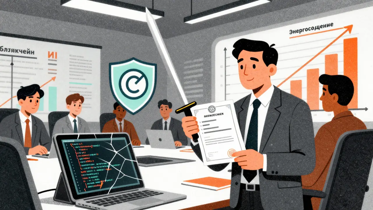 Директор держит патент как меч, команда защищает ПО с символом авторского права.