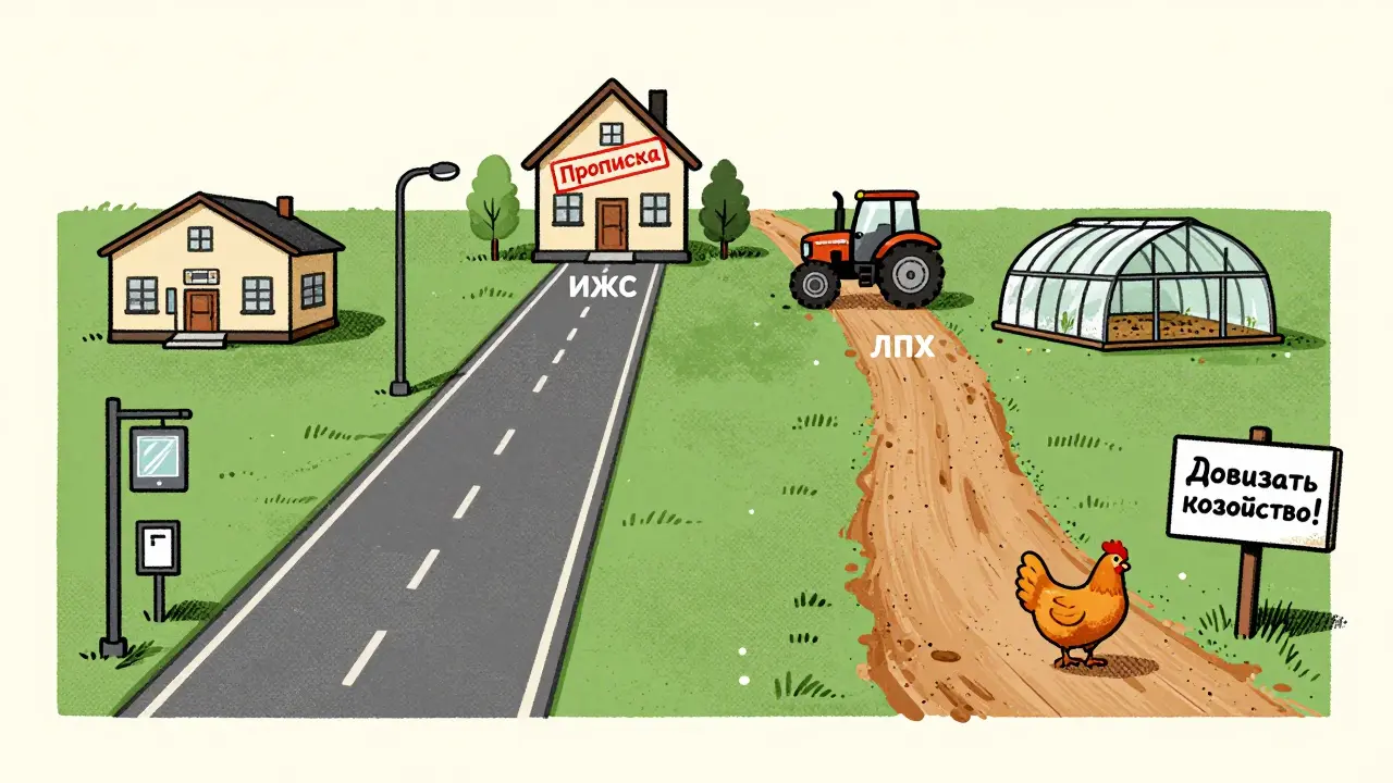 Дорога ИЖС с домом и школой против дороги ЛПХ с трактором и овощами, разделяющие участок.