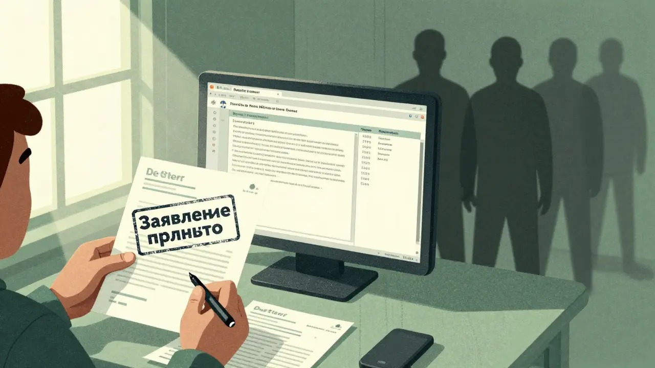 Два мира: справа — исчезающие кредиторы, слева — человек с печатью 'заявление принято', цифровой экран в центре