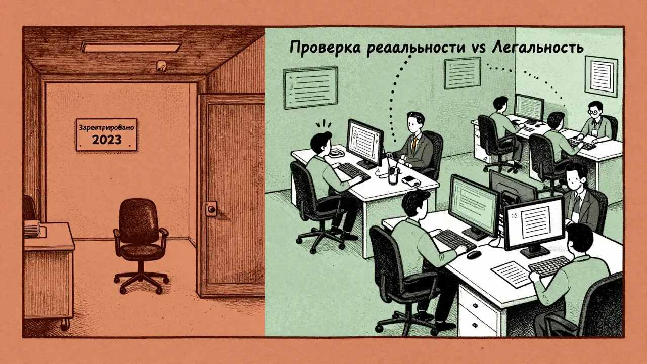Два офиса: пустой и живой, разделены проверкой реальности и легальности.