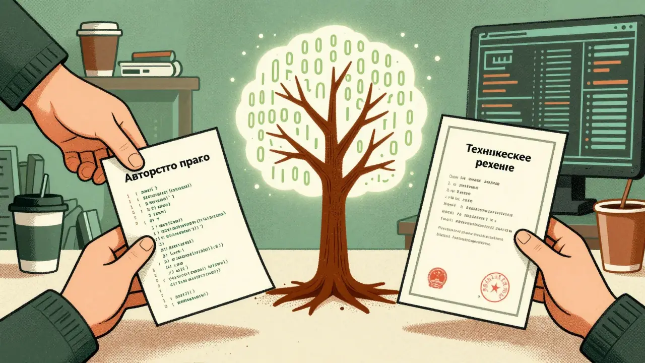 Две руки тянутся к дереву кода: один путь — авторское право, другой — патент.
