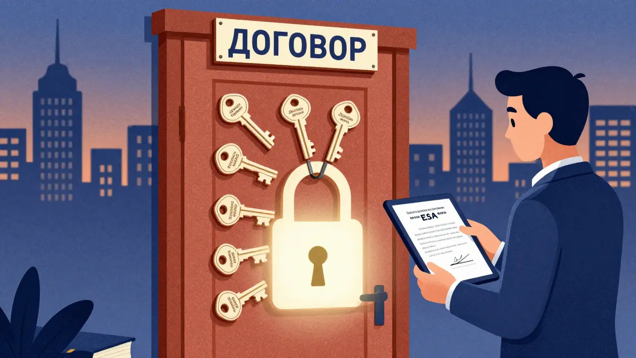 Дверь договора с восемью ключами, один из которых — электронная доверенность, светится впереди.