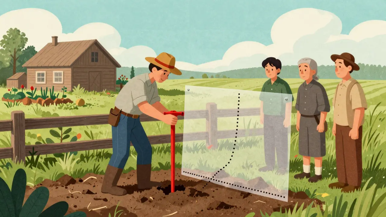 Кадастровый инженер ставит колышек, соседи наблюдают за точной границей участка.