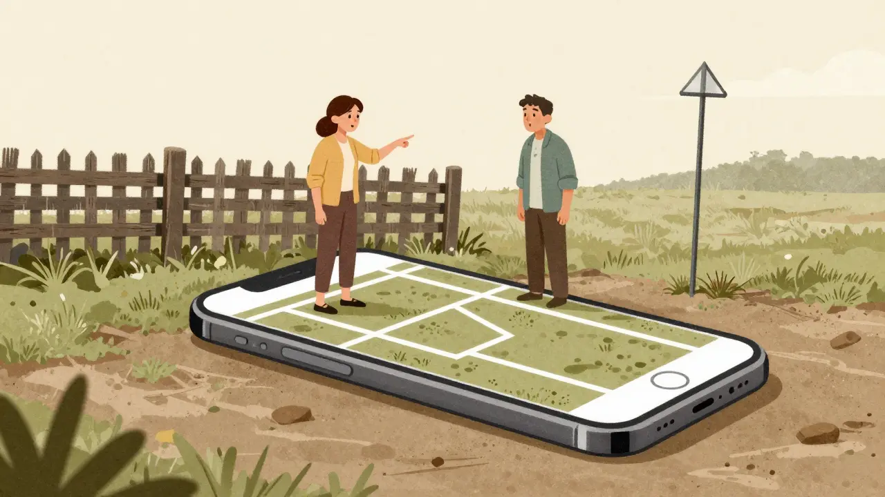 На телефоне отображается цифровая граница участка, наложенная на реальную землю.