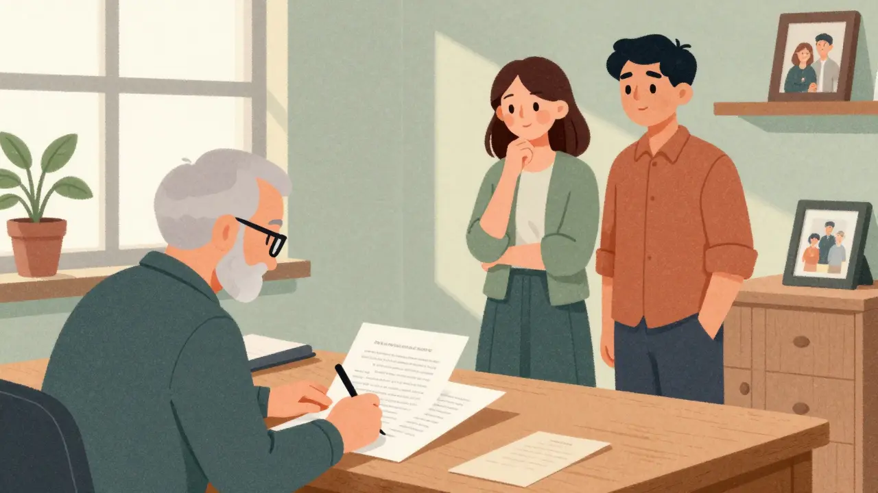 Нотариус удостоверяет договор пожизненного содержания между пожилым человеком и молодой парой