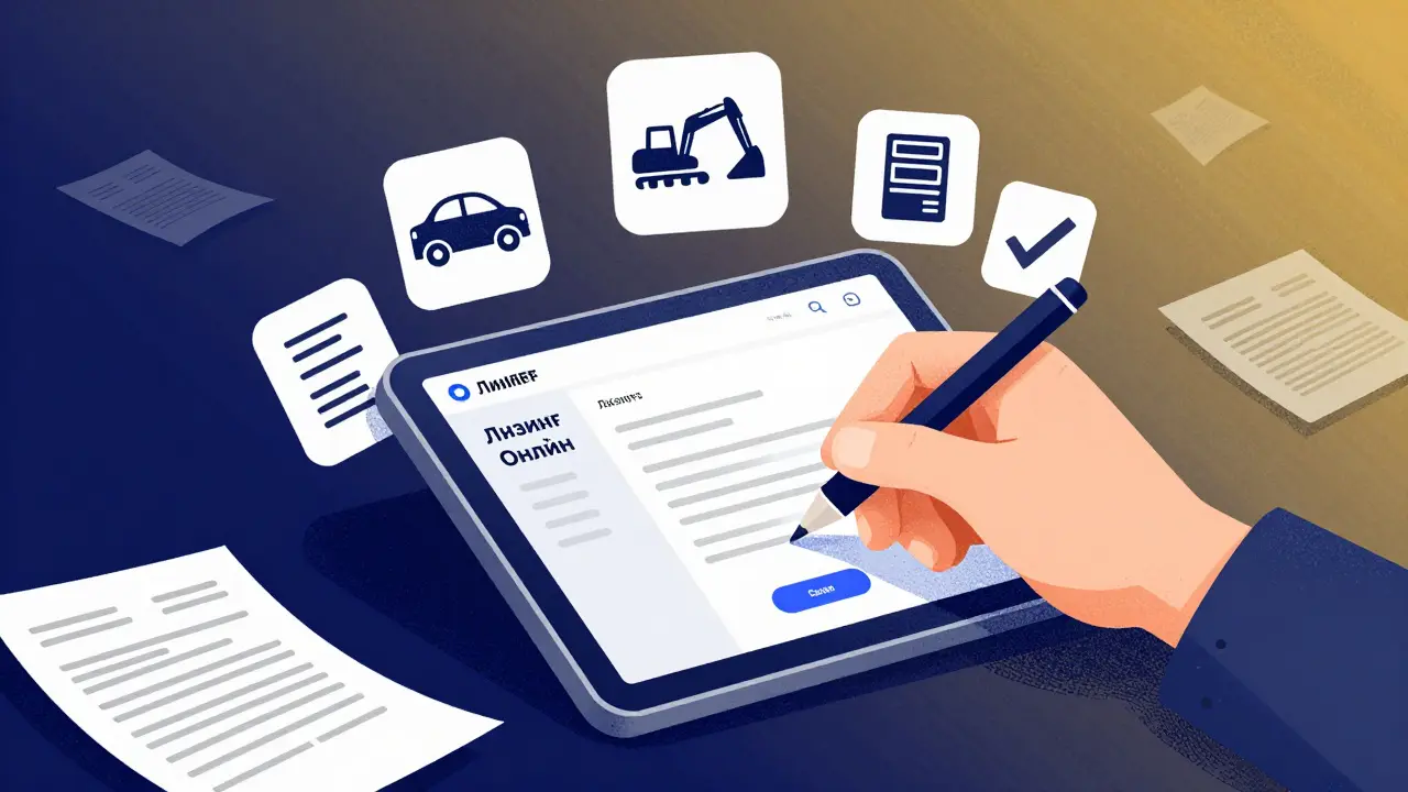 Онлайн-оформление лизинга на планшете с символами транспорта, оборудования и цифровой подписи
