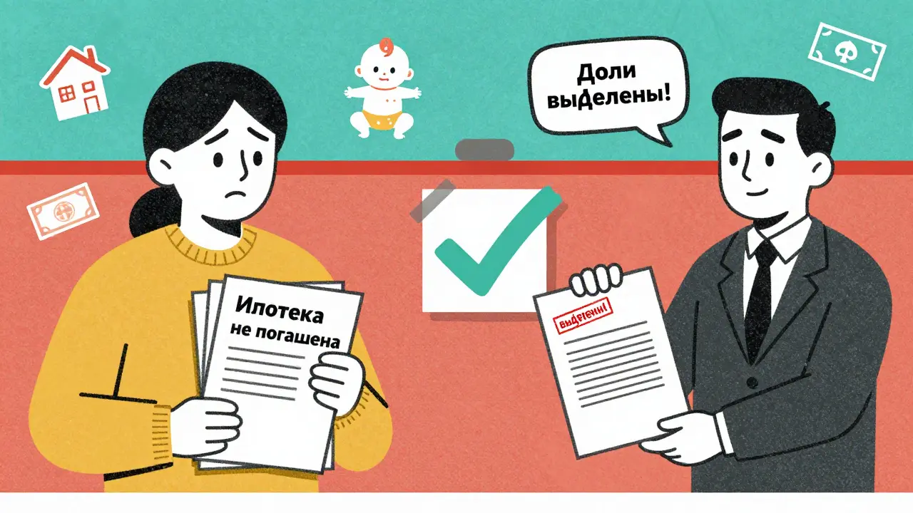 Родитель передает документы о выделении долей детям, минуя бюрократические барьеры, изображенные как закрытые двери и штампы.