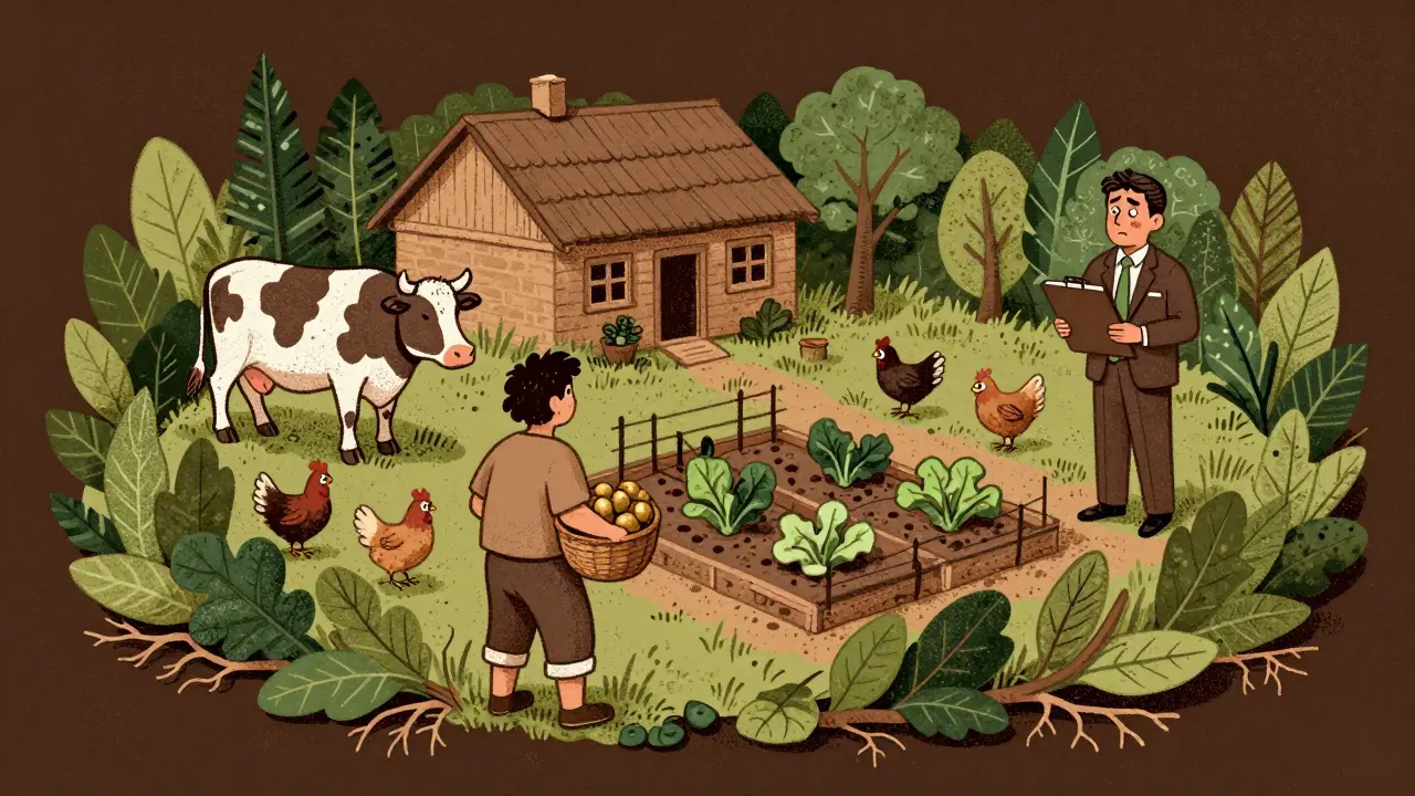 Сельский дом с животными и овощами, защищённый природой от изъятия имущества.