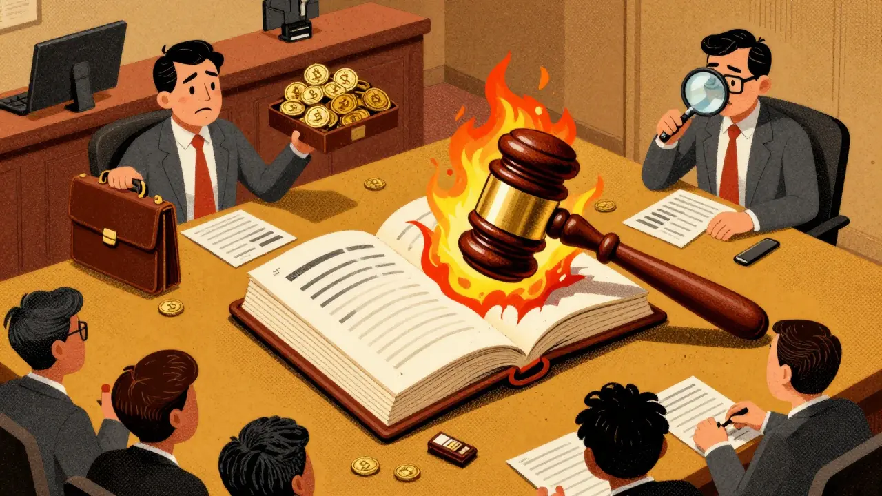 Судья бьет по бухгалтерской книге, которая горит, вокруг — фигуры бизнесменов и налоговиков.