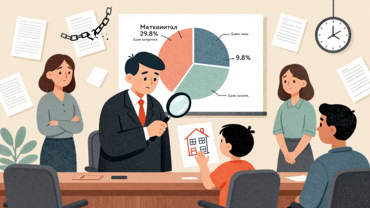 Судья рассматривает схему распределения долей по маткапиталу, дети и родители в зале суда, символизируя защиту прав несовершеннолетних.