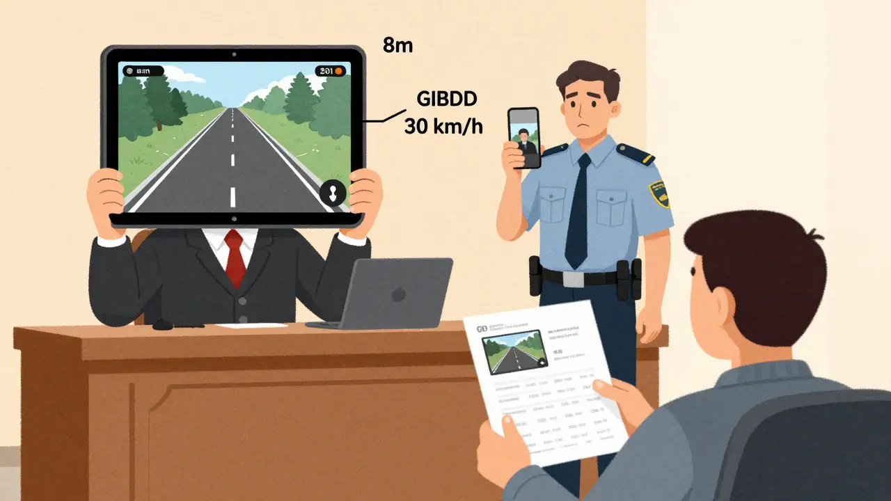 Судья смотрит на видео с расстоянием и скоростью, инспектор держит размытое фото телефона, схема дороги на фоне.