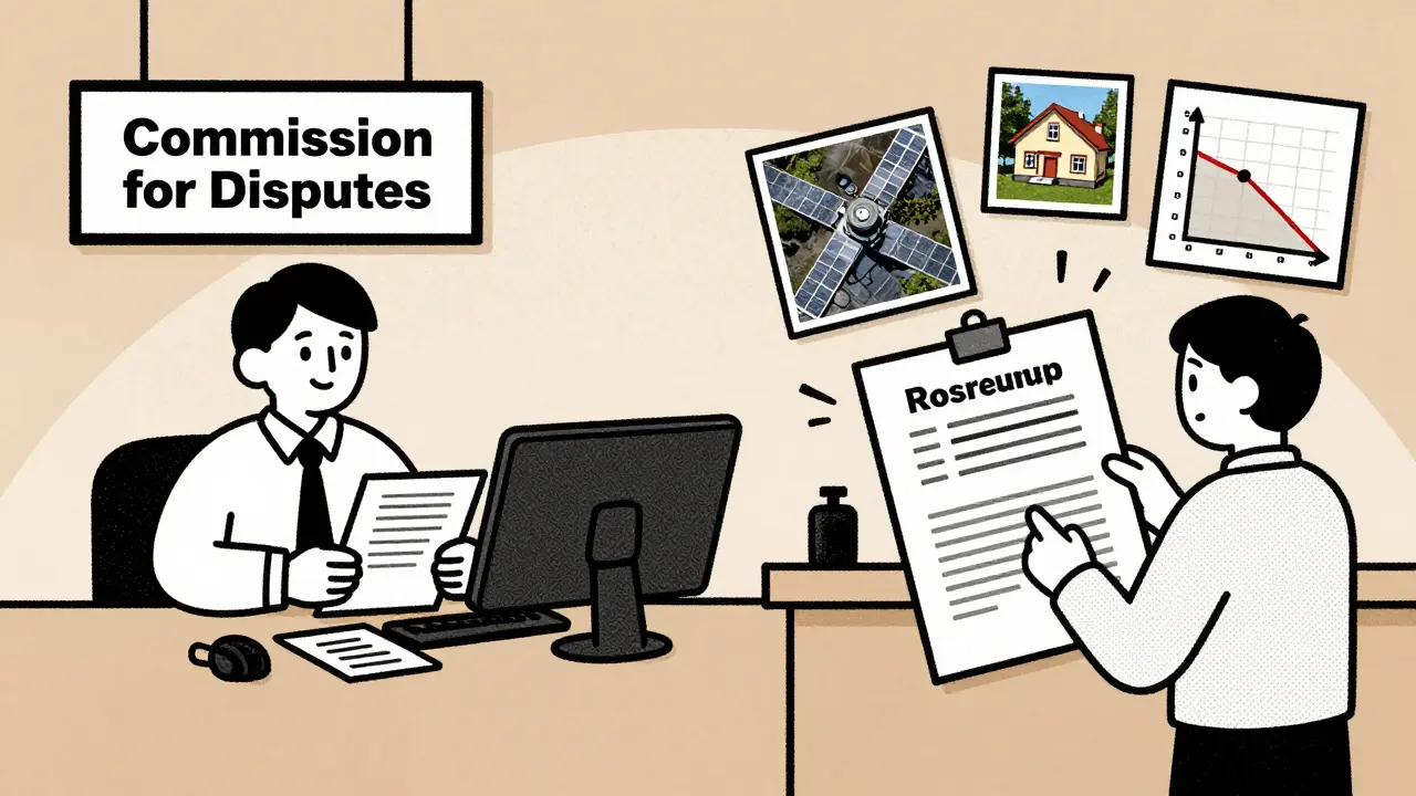 Человек подает документы в комиссию и в суде, держа отчет об оценке недвижимости.