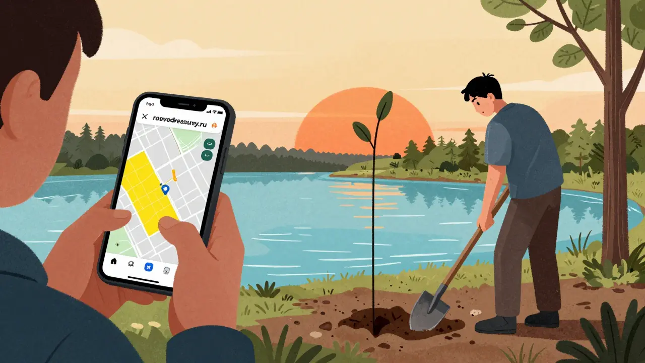 Человек проверяет карту водоохранной зоны на телефоне перед тем, как копать у воды.