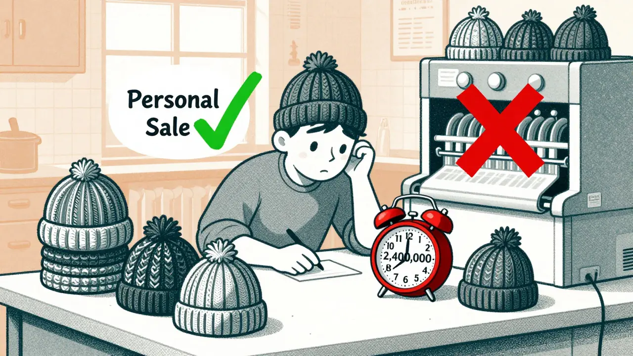 Человек с горой вязаных шапок и сигналом о превышении лимита в 2,4 млн рублей