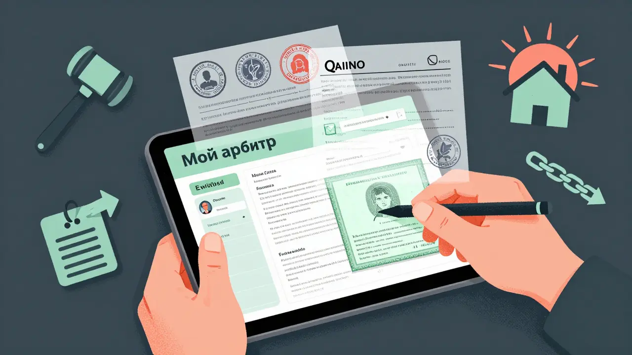 Человек загружает документы в онлайн-систему 'Мой арбитр', на экране появляются печати одобрения.