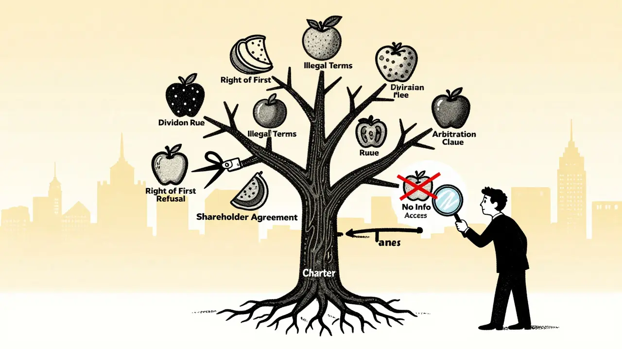Дерево корпоративного права: корни — устав, ветви — договор, один из плодов зачёркнут как незаконный.