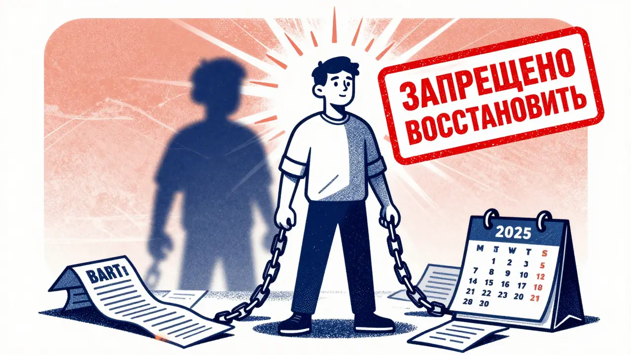 Должник освобождается от долгов, а скрытые активы стираются красной печатью 'Запрещено восстановить'.