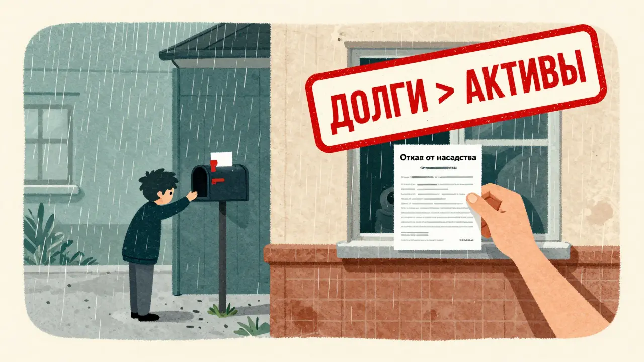 Форма отказа от наследства в почтовом ящике, дом с надписью 'долги больше активов'.