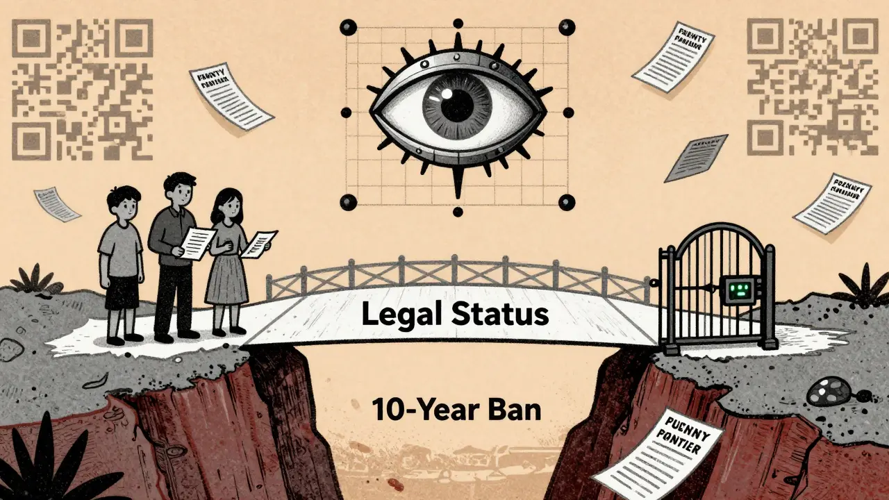 Хрупкий мост легального статуса ведет к запрету на въезд, над которым наблюдает механический глаз.