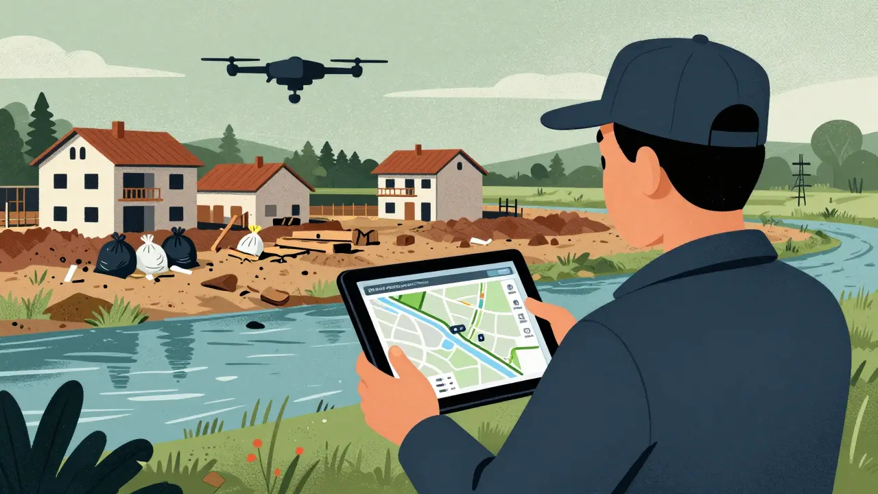 Инспектор с планшетом показывает границы охранной зоны над стройкой и мусором.