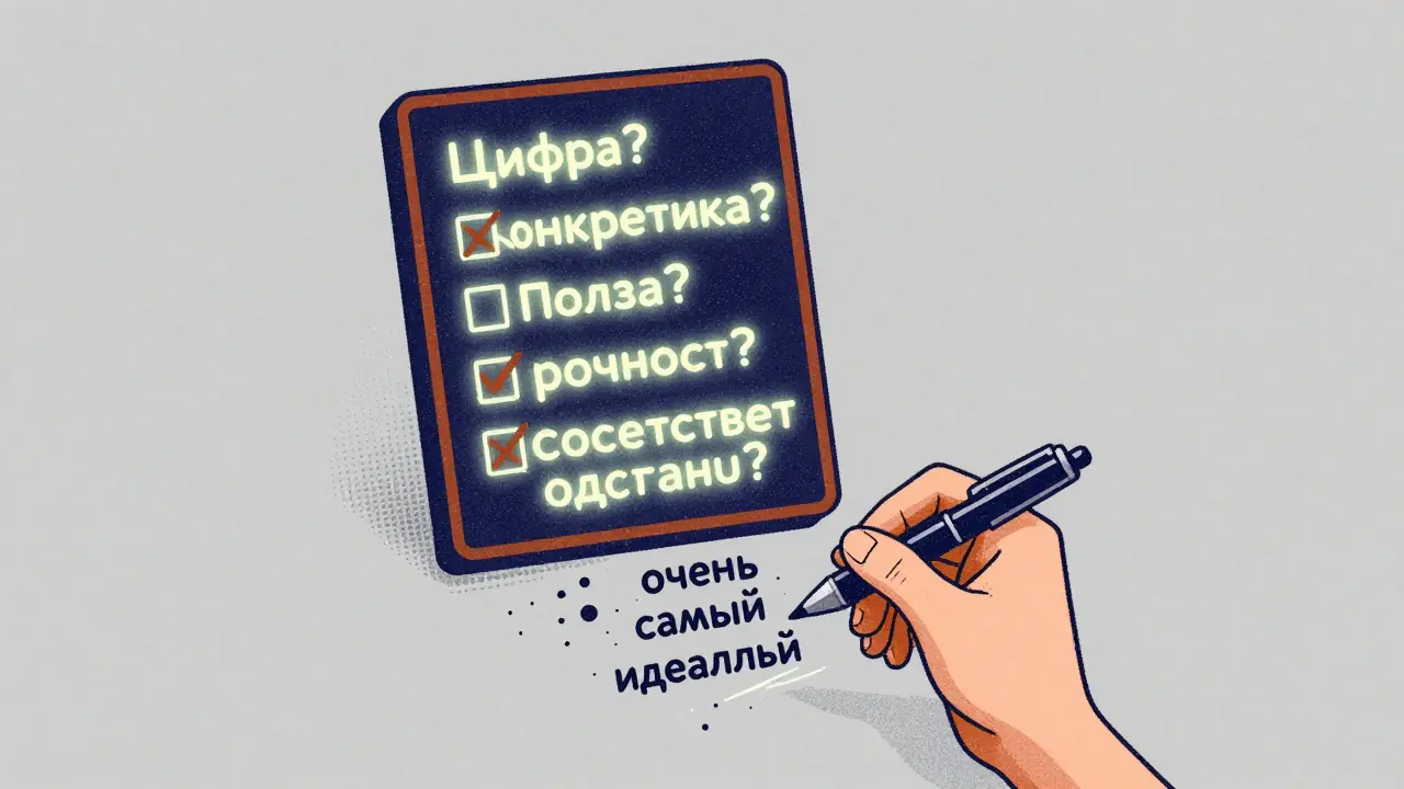 Плавающий чек-лист с ключевыми элементами продающего заголовка, рядом стираются бесполезные слова.