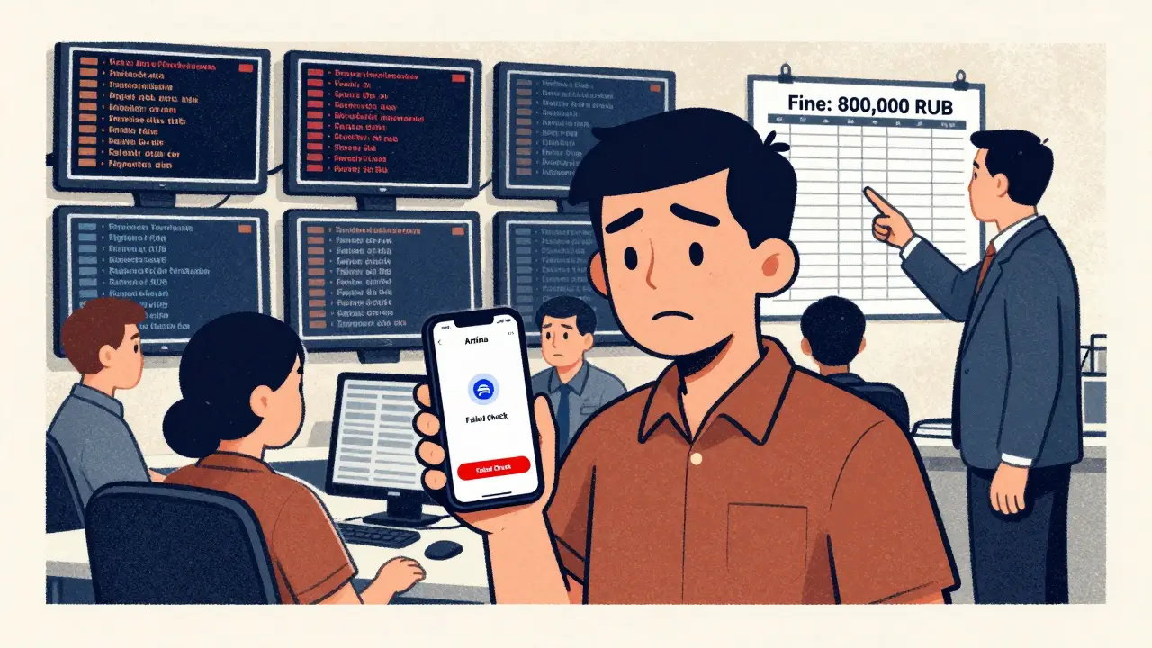 Работник смотрит на телефон с ошибкой приложения 'Амина' в переполненном офисе МВД.