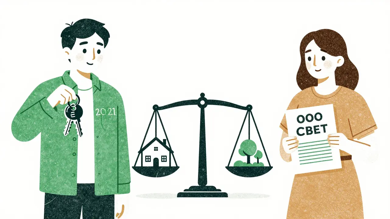 Разделение имущества: ключи от дома и бизнес-документы на весах в рисографическом стиле