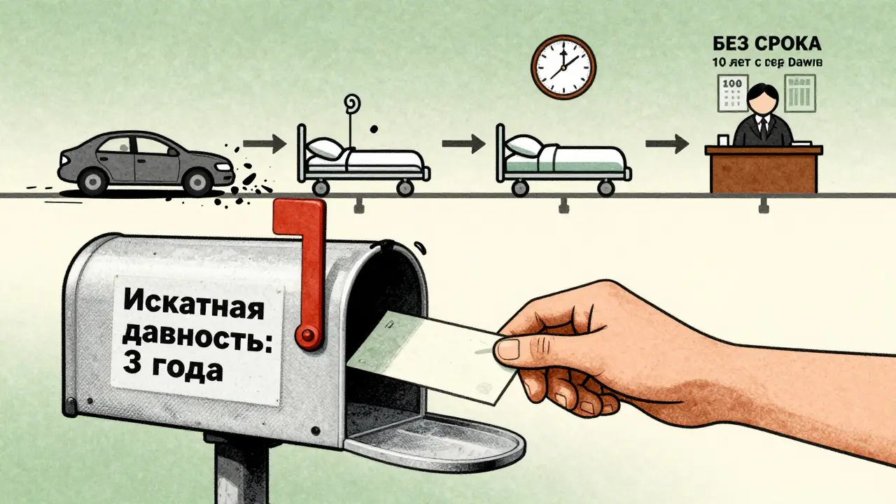 Рука кладет иск в почтовый ящик, за ним — временная шкала от ДТП до больницы и юриста.