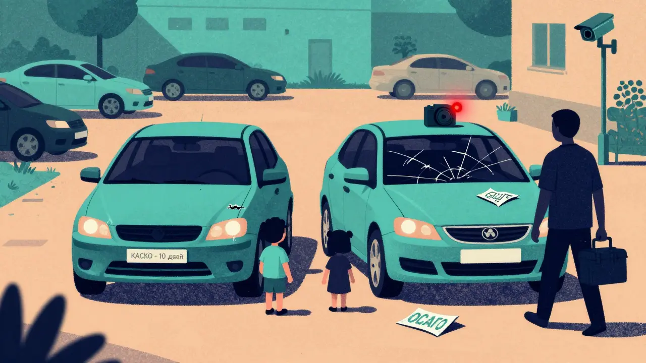 Сравнение двух автомобилей: один отремонтирован по КАСКО, другой — без страховки и с повреждениями.