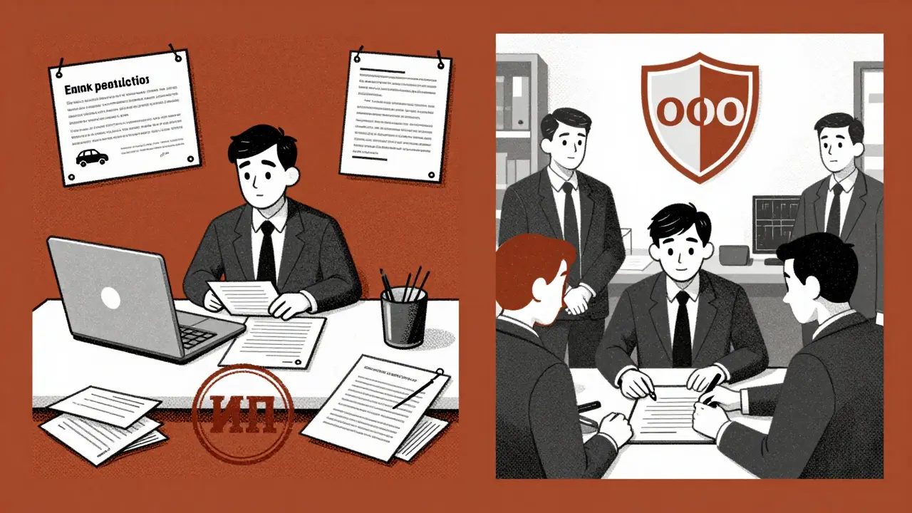 Сравнение хаотичного ИП и организованного ООО в винтажном стиле с текстурой печати.