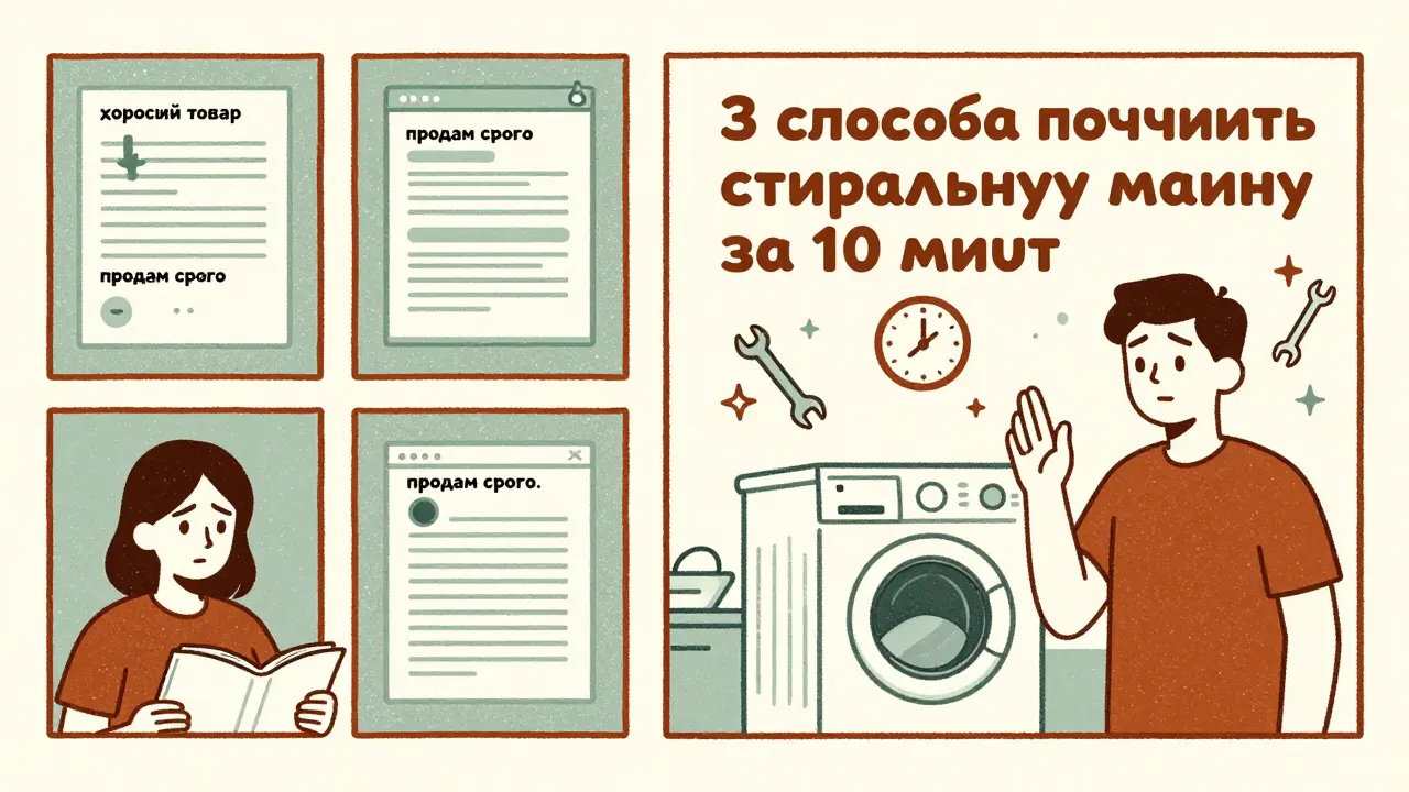 Сравнение: покупатель пропускает расплывчатые объявления и останавливается на заголовке с числами и решением проблемы.