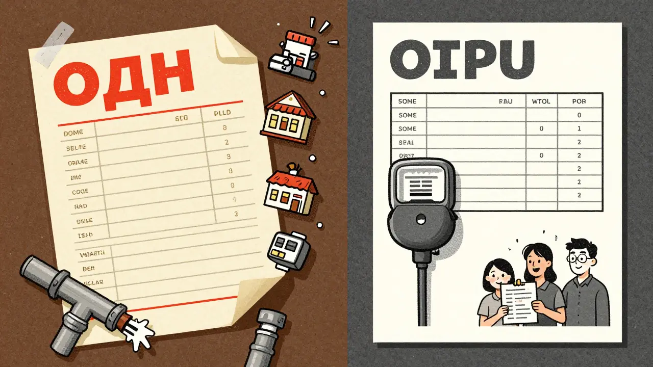 Сравнение завышенной и правильной квитанции ОДН с символами протечек и счетчиков.