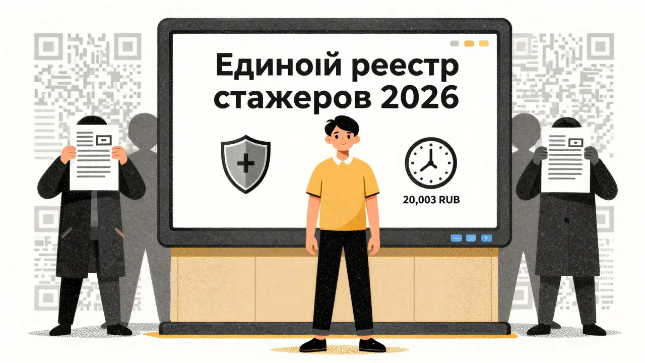 Студент стоит перед цифровым реестром стажёров, вокруг — попытки скрыть нелегальные договоры.