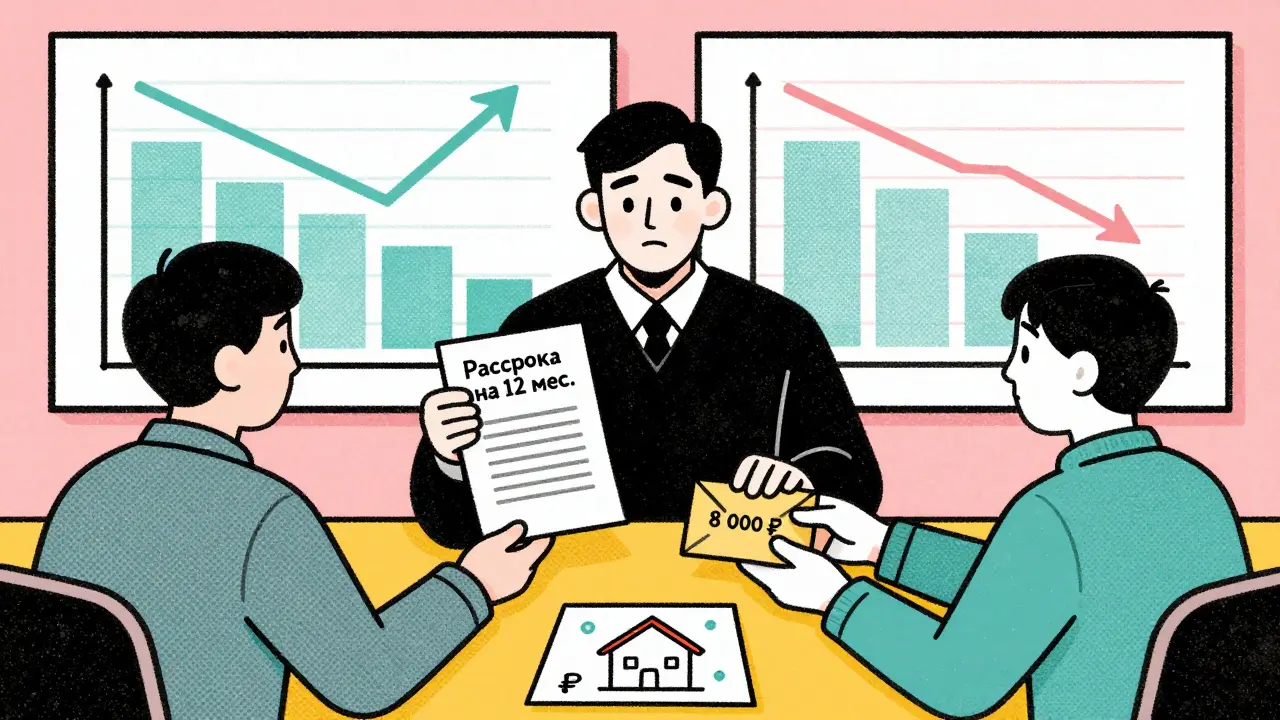 Судья одобряет рассрочку платежей, а на столе лежит рисунок ребёнка и конверт с ежемесячным платежом.