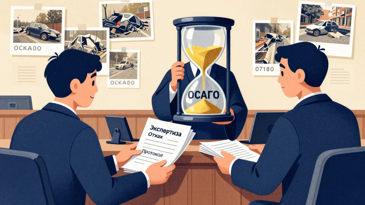 Судья с песочными часами 'ОСАГО', истец передает документы, на стене — даты и аварии.