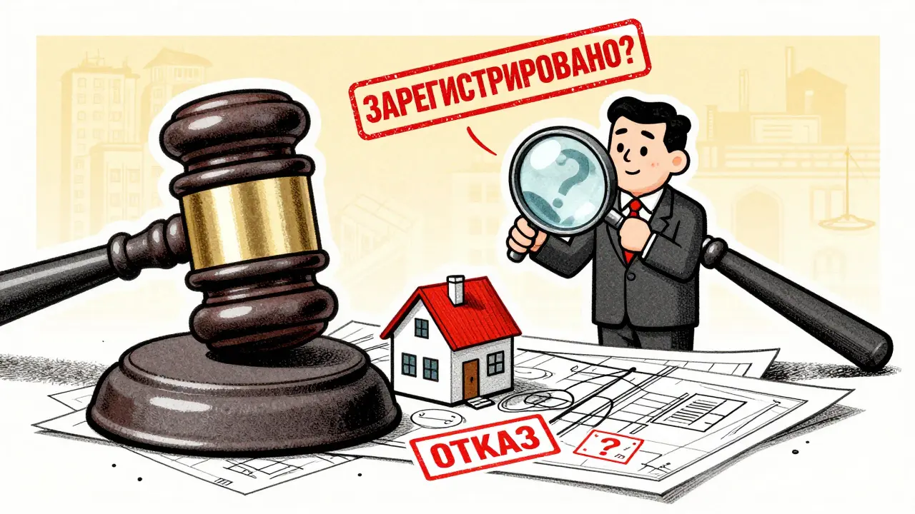 Судебный процесс с гигантским молотом из плана здания и спорами о регистрации недвижимости.